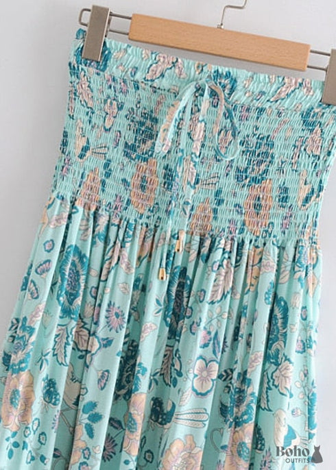 Boho Skirts in Smocked Waist, Bird Garden in Blue For Women